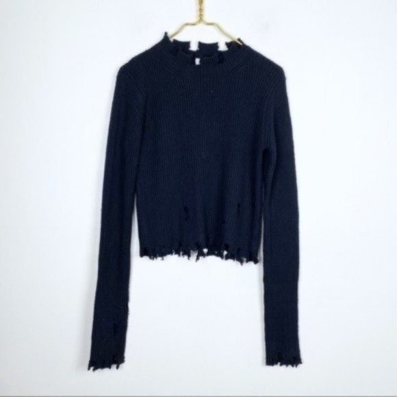 Wild Flower LF Distressed Cropped Black Sweater - Picture 1 of 6